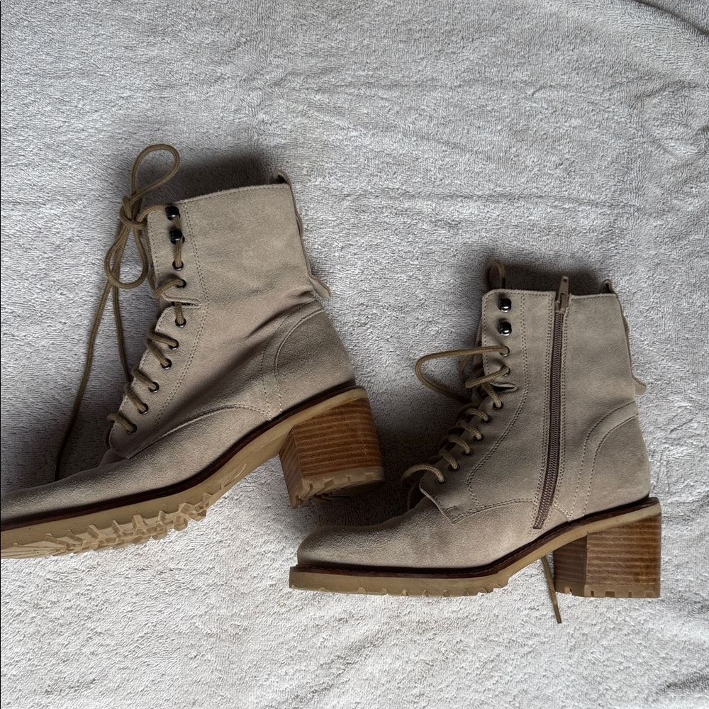 Seychelles beige suede lug sole chunky heeled boots.